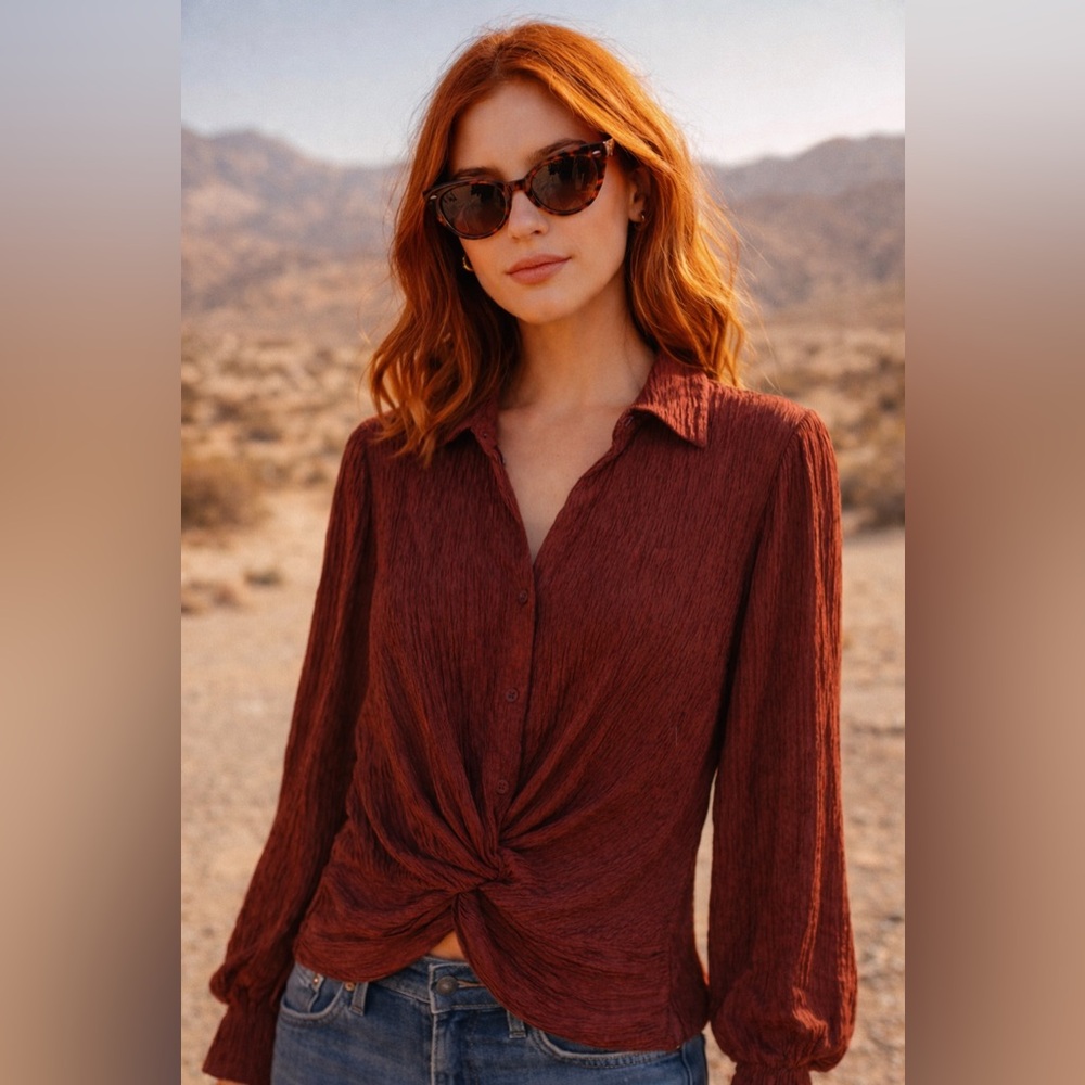 Under Skies Rust Twist Front Button Blouse – Size L